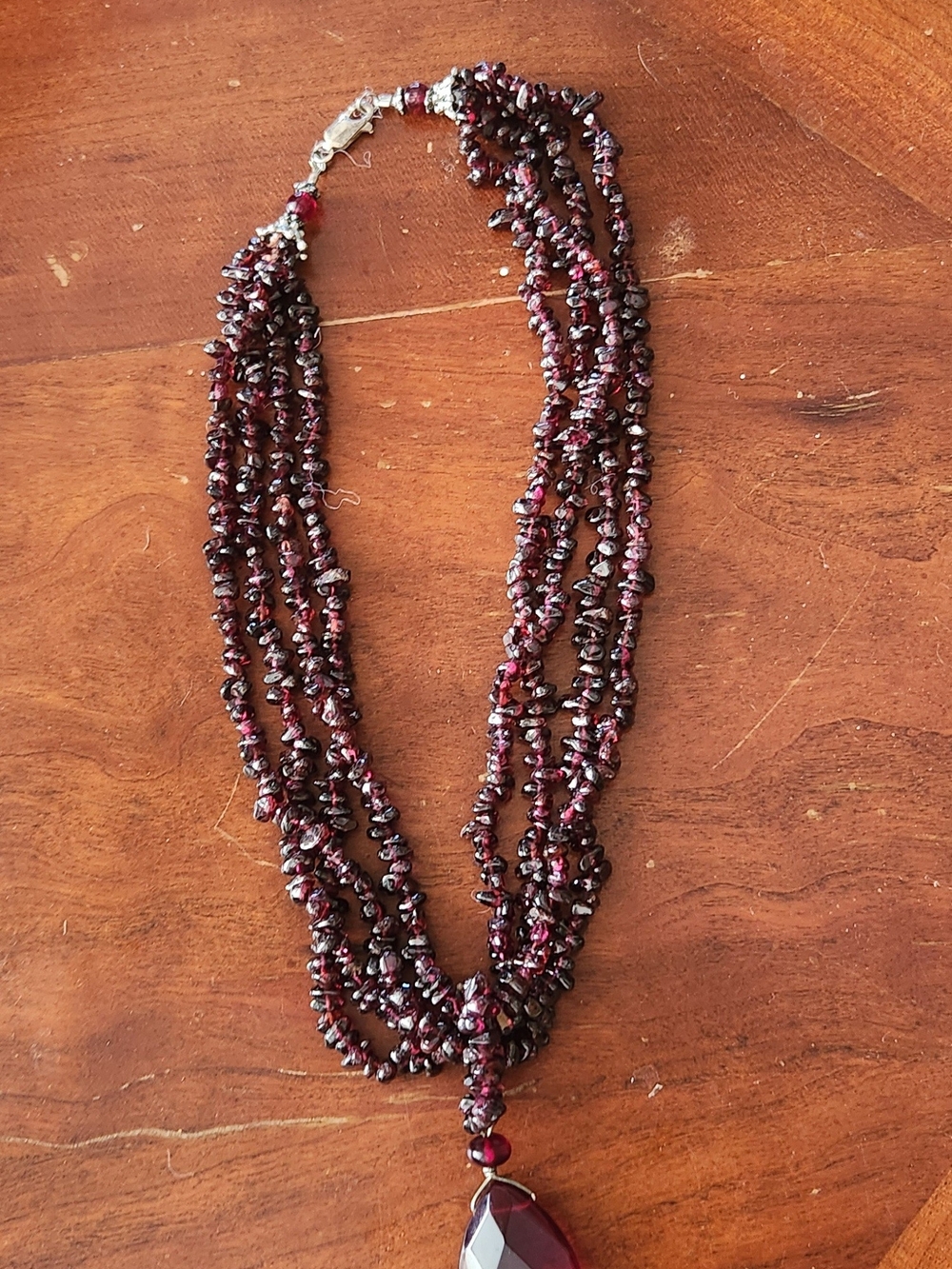Vintage Multi-Strand Red Garnet  Necklace with Faceted Pendant